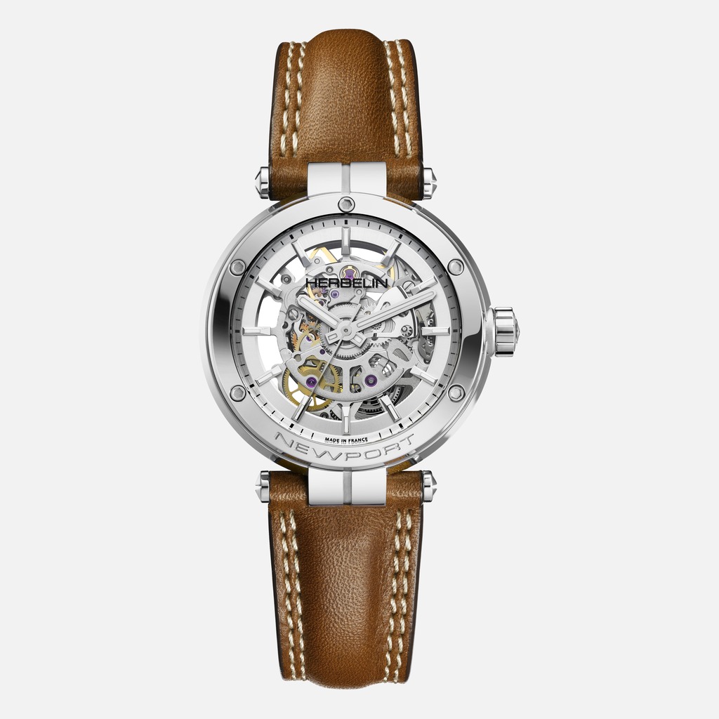HERBELIN NEWPORT 1658SQ12GD Damen-Automatikuhr mit skelettiertem Uhrwerk und braunem Lederband