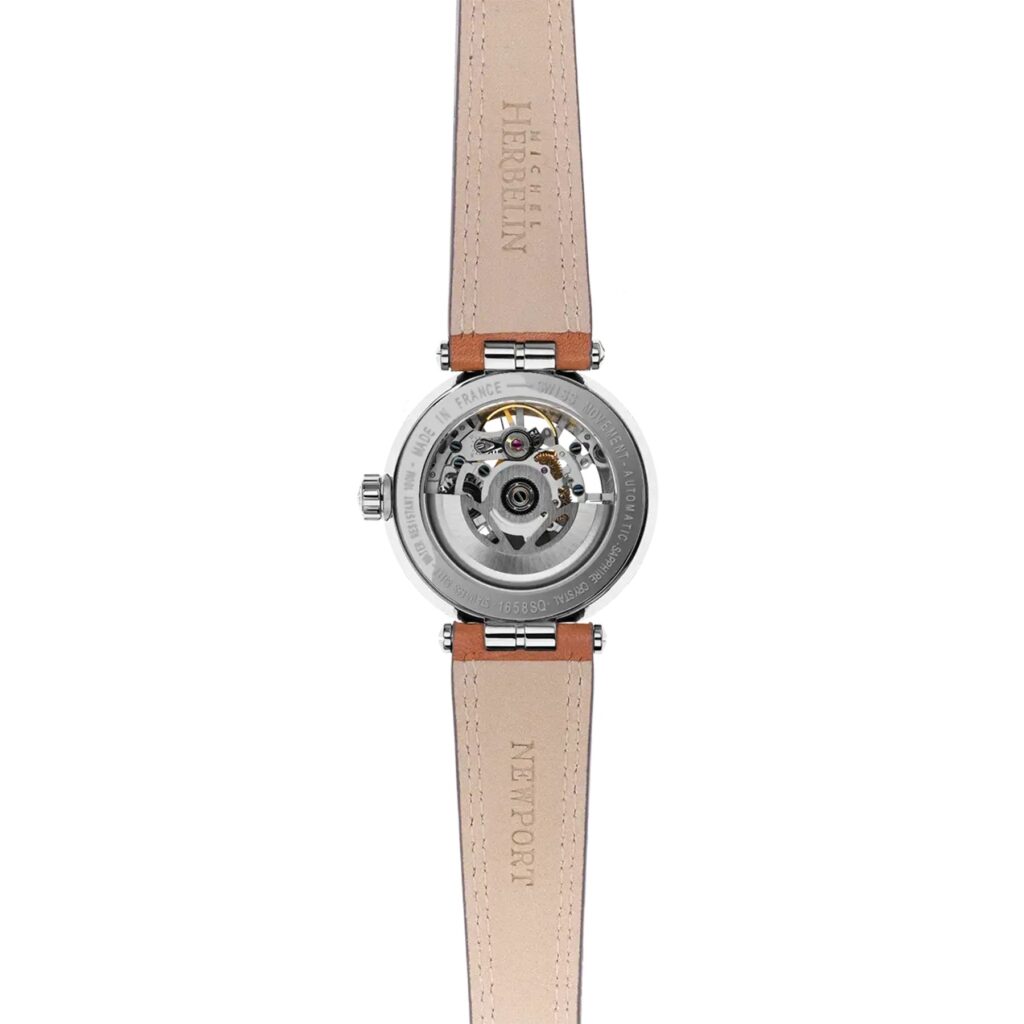 HERBELIN NEWPORT 1658SQ12GD Damen-Automatikuhr mit skelettiertem Uhrwerk und braunem Lederband