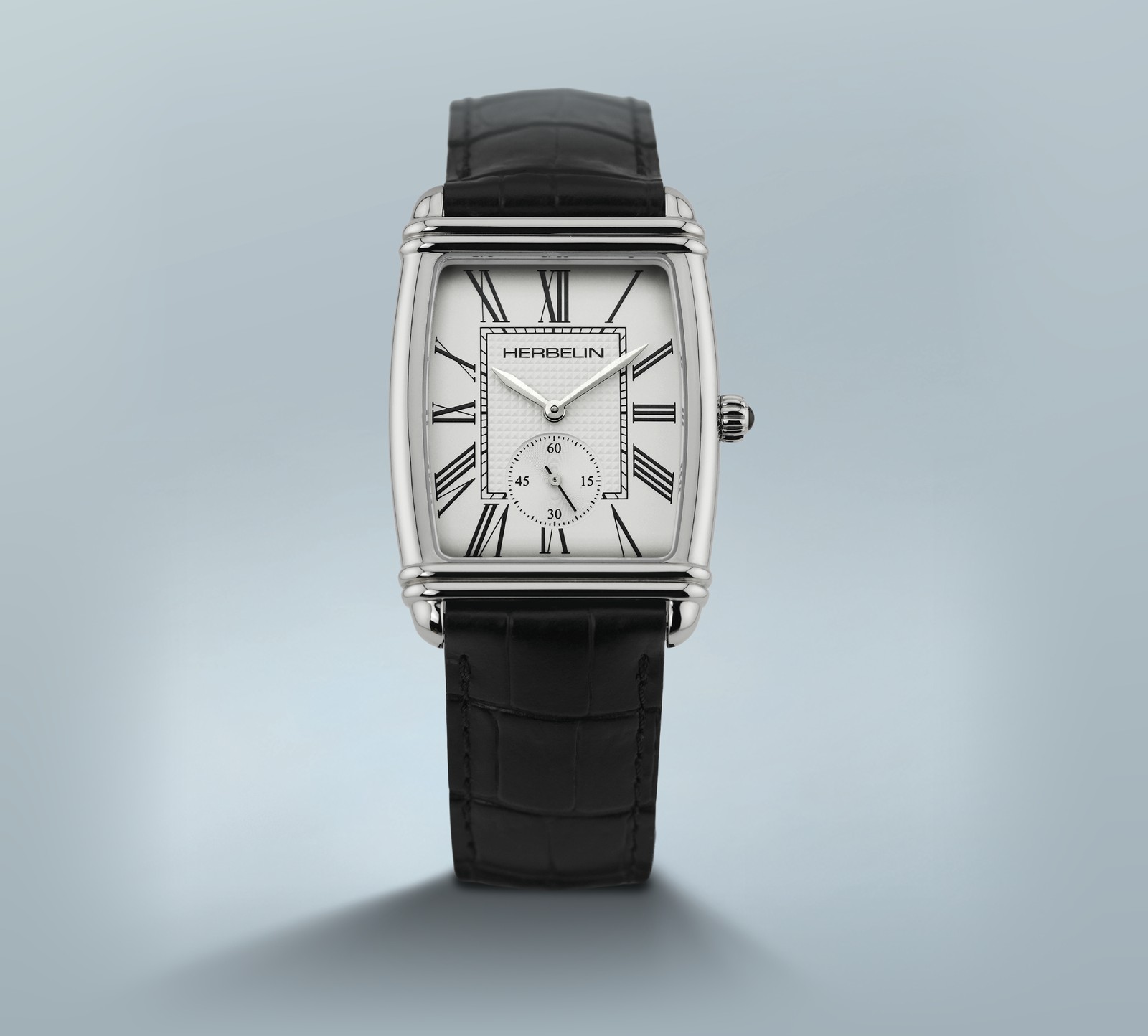 HERBELIN Art Déco 10638AP08 mit Tonneau-Gehäuse, kleiner Sekunde und schwarzem Lederband