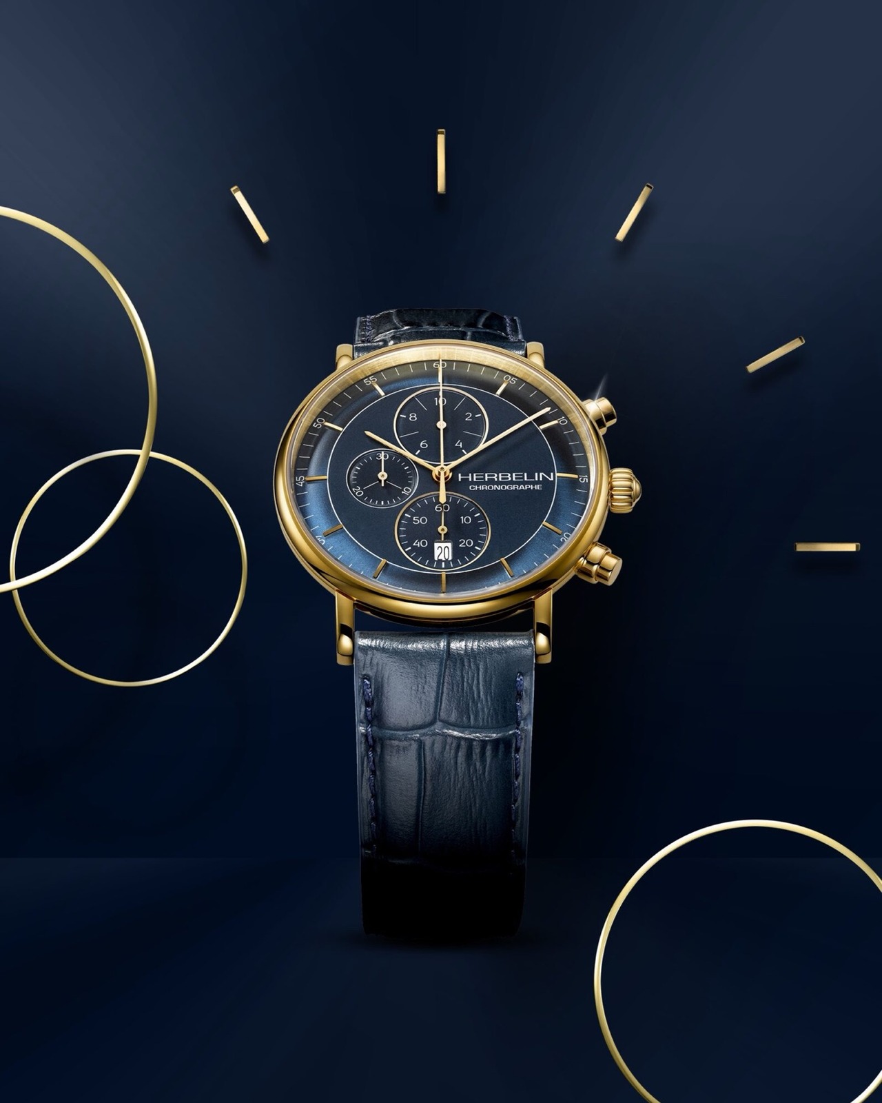 HERBELIN Inspiration Chronograph 35647P15 mit blauem Zifferblatt und gelbgoldfarbenem Gehäuse