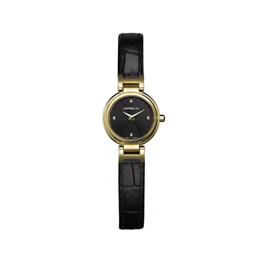 LADY H PVD Gold Lederband schwarz 17312P1N14