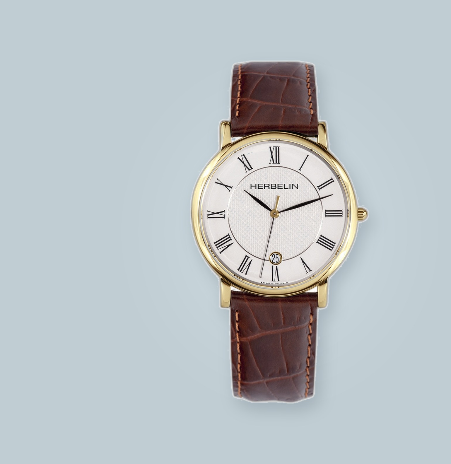 HERBELIN Classic 12248P08MA vergoldet mit braunem Lederband und römischen Ziffern