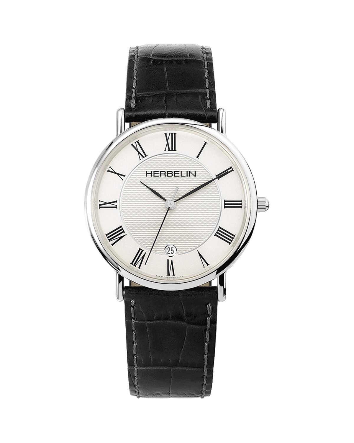 HERBELIN Classic 12248AP08 mit silbernem Guilloché-Zifferblatt und schwarzem Lederband
